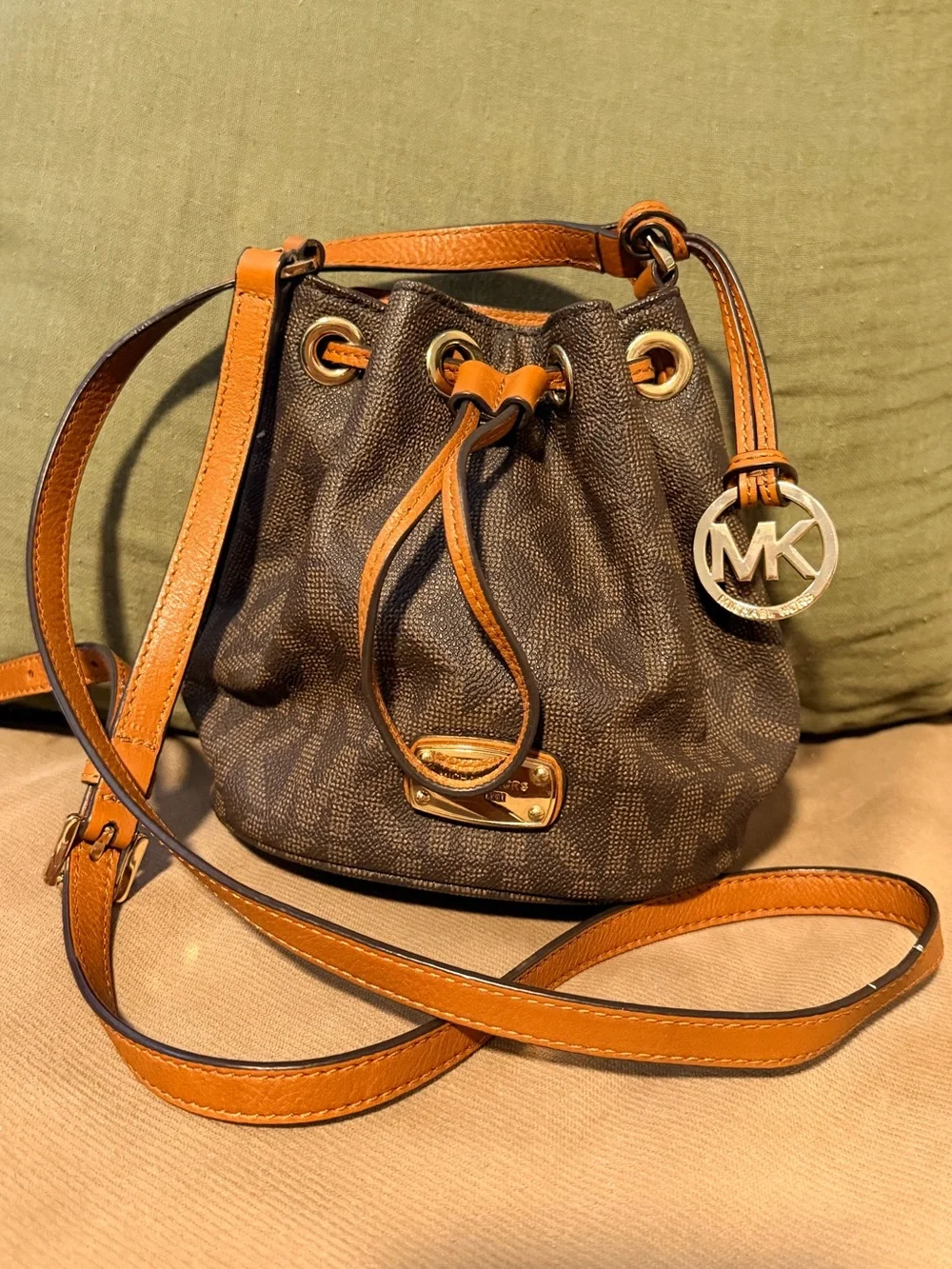 Michael Kors Brown Logo Drawstring Bucket Crossbody with Tan Trim